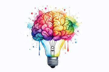 watercolor illustration of a brain inside colorful glowing a light bulb on a white background.Education innovating Idea Creative mind concept
