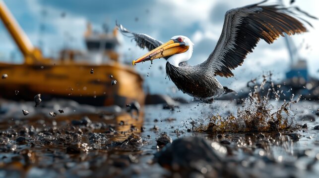 A pelican takes flight amidst splashing water with mining machinery in the background, emphasizing the contrast between wildlife and industrialization in the modern world.