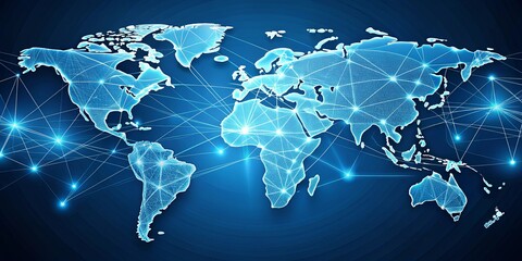 Fototapeta premium A Global Network of Interconnected Points Illuminated by Luminescent Lines on a Deep Blue Background