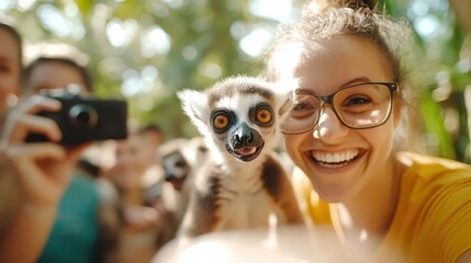 A lively lemur snaps a selfie with an exuberant crowd at a lush green park, capturing a joyful moment of closeness, nature, and shared excitement.