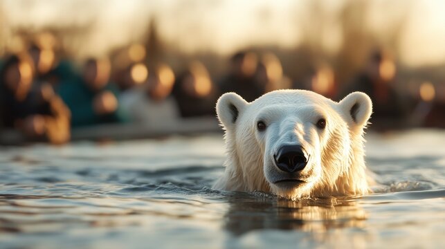 A polar bear swims directly towards the camera, surrounded by focused spectators in a swimming area at the zoo, illuminated by warm, golden sunlight.