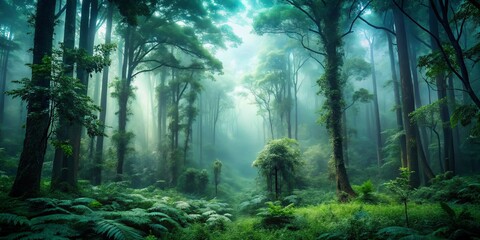 Fototapeta premium An ethereal mist hangs heavy in the air, shrouding the verdant forest in a calming serenity, revealing the beauty of nature's hidden wonders.