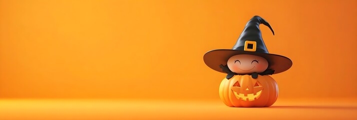 Cute little witch and halloween pumpkin on orange background. Halloween party. Copy Space