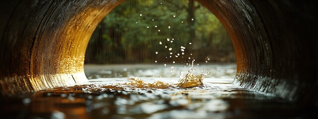 raindrops falling into a dark underground sewer pipe in the fall.