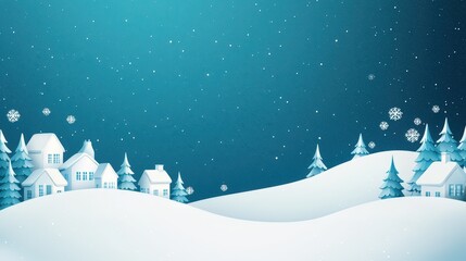 Snow-covered village, Christmas lights twinkling, copy space, flat design illustration