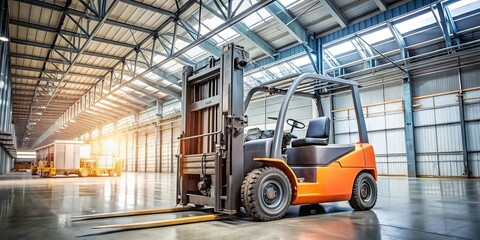 Fototapeta premium A bright orange forklift with a raised mast in a spacious warehouse with large industrial doors