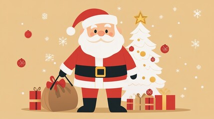 Flat Style Illustration of Santa Claus in a Festive Christmas Setting