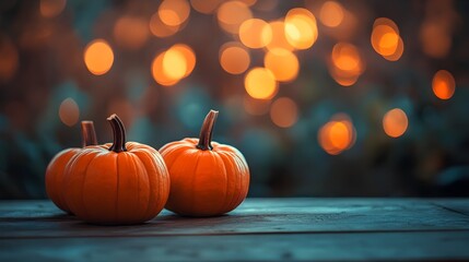 Halloween, orange pumpkins on a wooden table on a bokeh glowing background, copy space