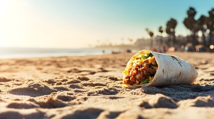 Obraz premium California style burrito being showcased on the beach of San Diego landscape