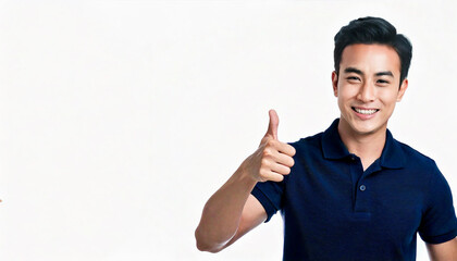 A East Asian man wearing a navy blue polo shirt is giving a thumbs up against a white background.