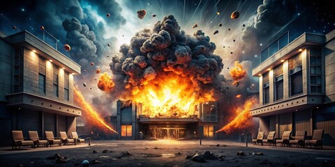 Fototapeta premium The Aftermath of an Unforeseen Event A Blazing Inferno Consumes a Building, Leaving Behind a Scene of Devastation and Debris
