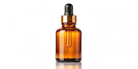 A clear amber glass bottle with a black dropper top and a gold rim, isolated on a white background