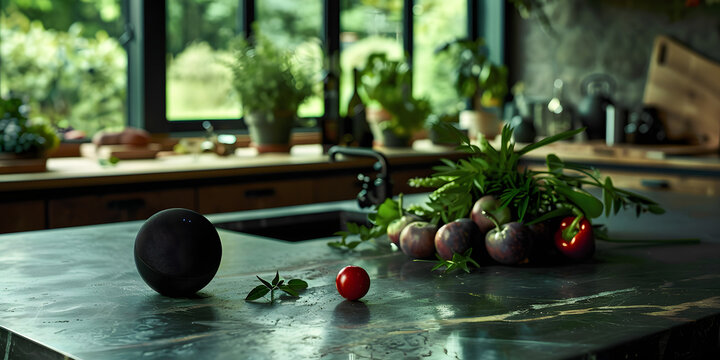 Assistente dom&eacute;stico com intelig&ecirc;ncia artificial em uma bancada de cozinha