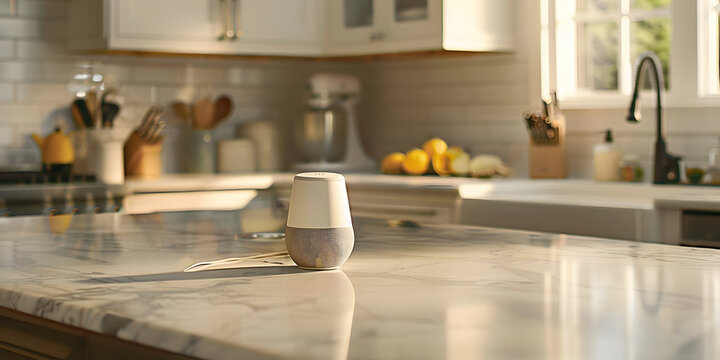 Assistente dom&eacute;stico com intelig&ecirc;ncia artificial em uma bancada de cozinha