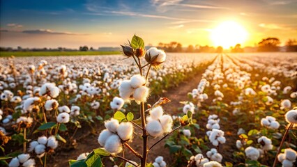 Obraz premium Golden hour illuminates a cotton field, each fluffy boll glowing in the warm light, a testament to nature's soft touch.
