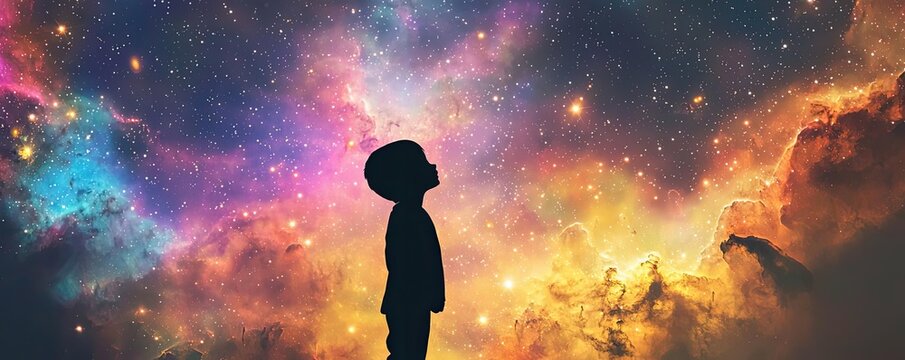 A silhouette of a child gazing at a vibrant cosmic scene, representing wonder and curiosity about the universe.