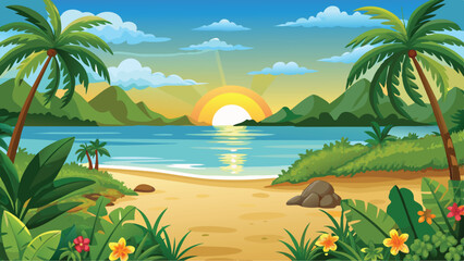 Stunning Sunset Beach Vector Art Golden Skies and Gentle Waves in a Tranquil Background Scene