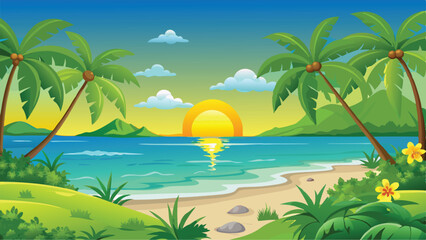 Stunning Sunset Beach Vector Art Golden Skies and Gentle Waves in a Tranquil Background Scene