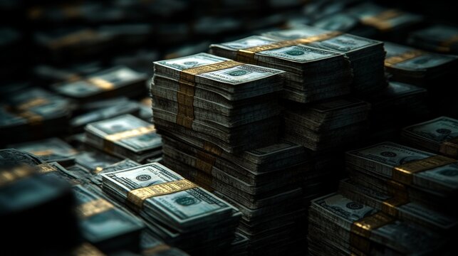 Massive pile of $12 billion in cash dark black background