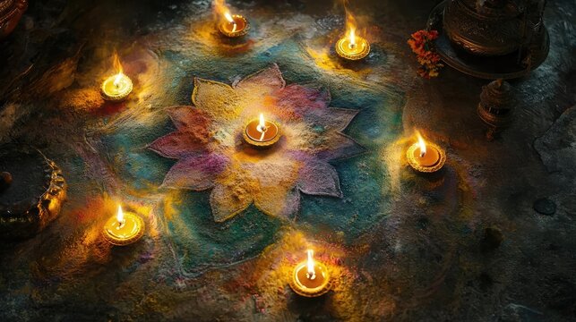 A beautiful arrangement of candles illuminating a vibrant floral design, creating a serene and spiritual ambiance.