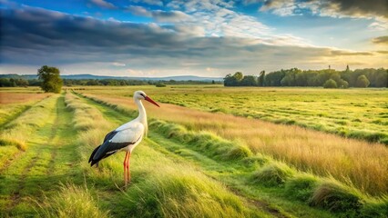 Fototapeta premium High angle panorama peaty meadow white stork