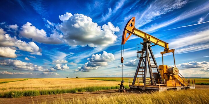 A lone oil pump stands tall in a field of golden grain under a vibrant blue sky adorned with majestic clouds.