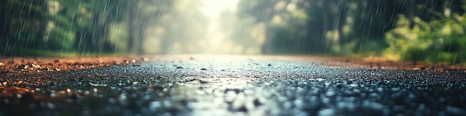 Rainy day in the autumn forest. Raindrops on asphalt road.