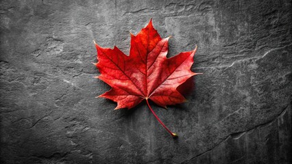 High angle red maple leaf against black and white background