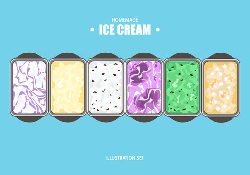 Vector illustration set of gelato ice cream Assorted colors and flavors on a tray: blueberry, vanilla, cookie cream, strawberry, chocolate mint, masmelo Dessert menu, isolated ice cream illustration.