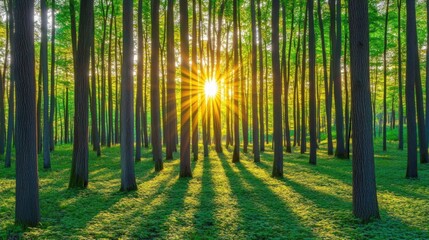 Obraz premium Sunlight beams through the trees in a lush forest.