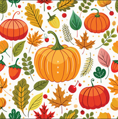 seamless pattern with pumpkins and leaves.A playful pattern of pumpkins, gourds, and autumn leaves, arranged in a whimsical, swirling design with a light beige background