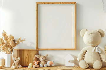 Empty nursery wall mockup, wooden shelf, soft toys, space for baby room wall decal, stickers, framed print or poster presentation.