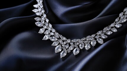 Fototapeta premium Close-up of a luxurious platinum necklace adorned with diamonds, draped elegantly on dark silk fabric, capturing the glamour of fine jewelry.