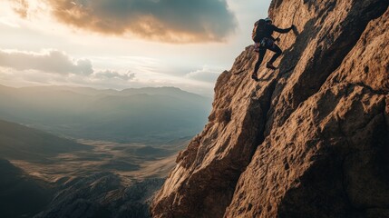 A person climbing a steep, rocky mountain, struggling against high winds, with determination in their expression, embodying resilience in nature's challenges.