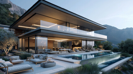 Obraz premium luxury modern villa with a wrap-around glass facade, infinity pool, and outdoor lounge area, all set against a backdrop of mountains and natural landscapes.