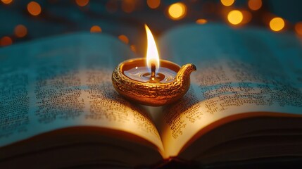 A glowing oil lamp placed on an open book, creating a warm and inviting atmosphere with soft bokeh lights in the background.