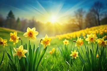 High angle springtime nature background with green grass field and yellow blooming daffodils