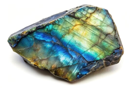 High angle specimen of natural raw labradorite rock cutout