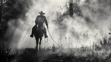 Cowboy Riding Through a Misty Forest