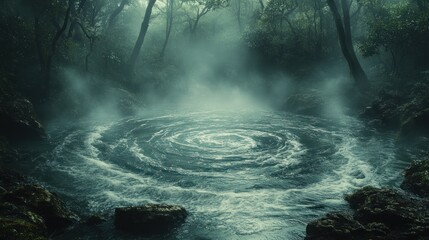 A swirling pool of water in a misty forest, surrounded by rocks and trees.