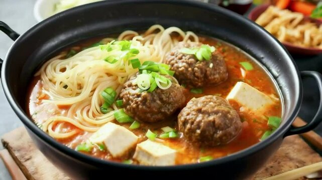 Meatball Soup with Noodles and Tofu