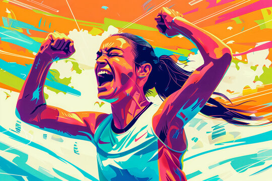 Extremely happy woman athlete on playing field cheering, illustration