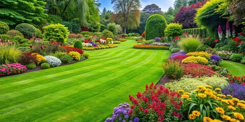 Obraz premium A Vibrant Tapestry of Blossoms and Lush Green Lawns, A Symphony of Nature's Beauty in Full Bloom