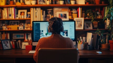 A woman in her home office on a video conference call, her background featuring organized shelves with books and photo frames.