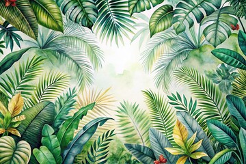 High angle tropical watercolor plants background with jungle rainforest leaves wallpaper