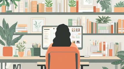 A woman on a video call in her home office, with organized shelves behind her, displaying books and indoor plants.