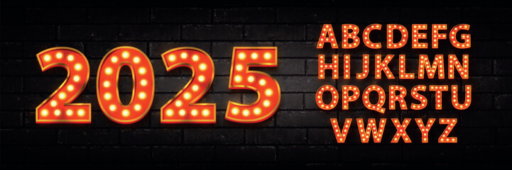 Vector realistic isolated 2025 marqueen neon sign with alphabet font on the wall background. © comicsans
