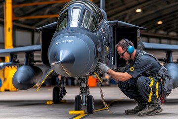 A military engineer inspecting a fighter jet before a major operation, ensuring every detail is checked