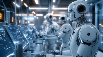 Fototapeta premium AI-created futuristic research facility with robots working alongside scientists, surrounded by advanced technology.