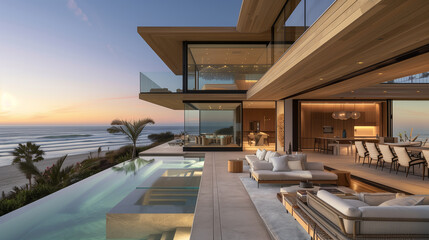 Fototapeta premium modern coastal home with a cantilevered living space over the beach, featuring a glass-enclosed living room, wood paneling, and an infinity pool with ocean views.